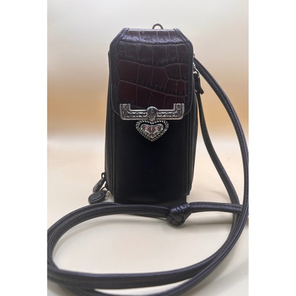 Brighton Handbags - Brighton‎ Black Brown Croc Leather Crossbody Phone Bag Silver/Gold Heart